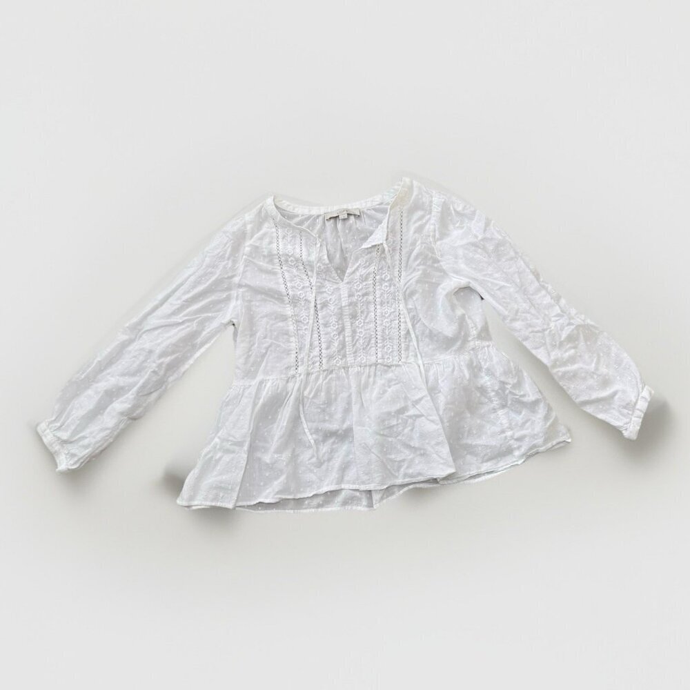 LOFT Women’s White Cotton Blouse Size Medium Embroidered V Neck Long Sleeves - Picture 2 of 6